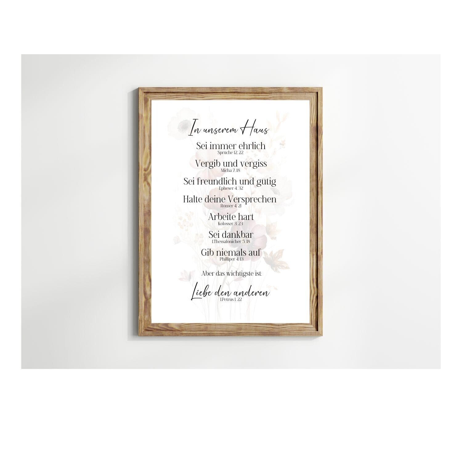 Christliches Poster Christliche Hausregeln Hausordnung Familie Bibelvers Wanddeko Bibel Hauseingang Deko