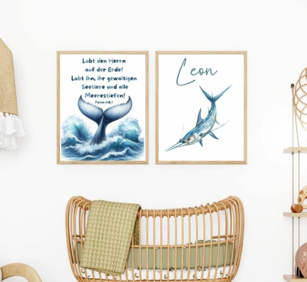 Set 2 Christliche Poster Kinderposter Meerestier, Name+Bibelvers Digitaler Download Bibelvers Psalm 148,7 Kinderzimmer personalisiert – Bild 3