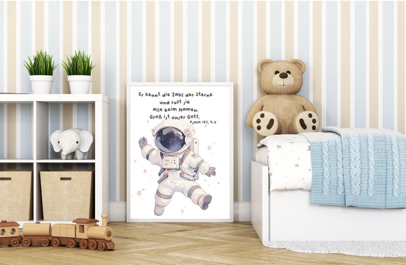Christliches Kinderposter Wandbild Astronaut Bibelvers Psalm 147,4-5 Kinderzimmer