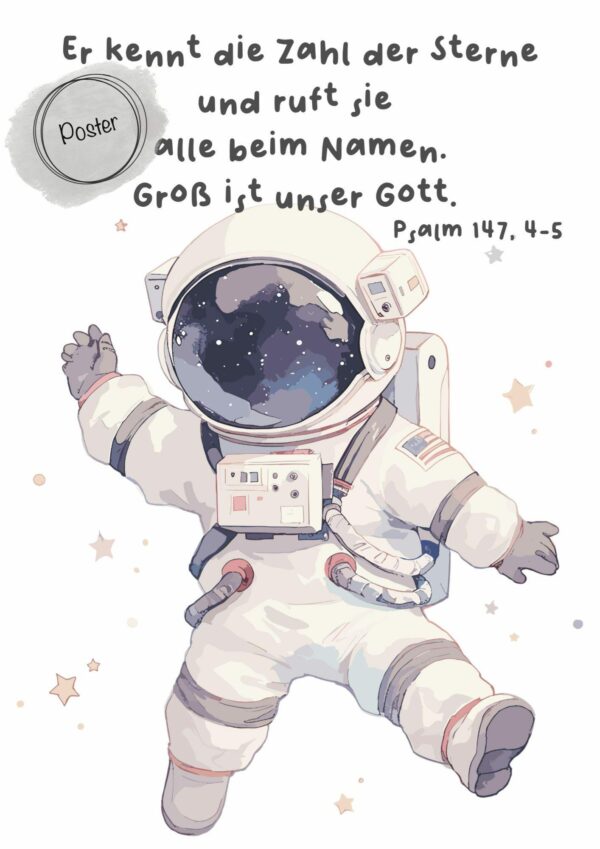 Christliches Kinderposter Wandbild Astronaut Bibelvers Psalm 147,4-5 Kinderzimmer – Bild 3