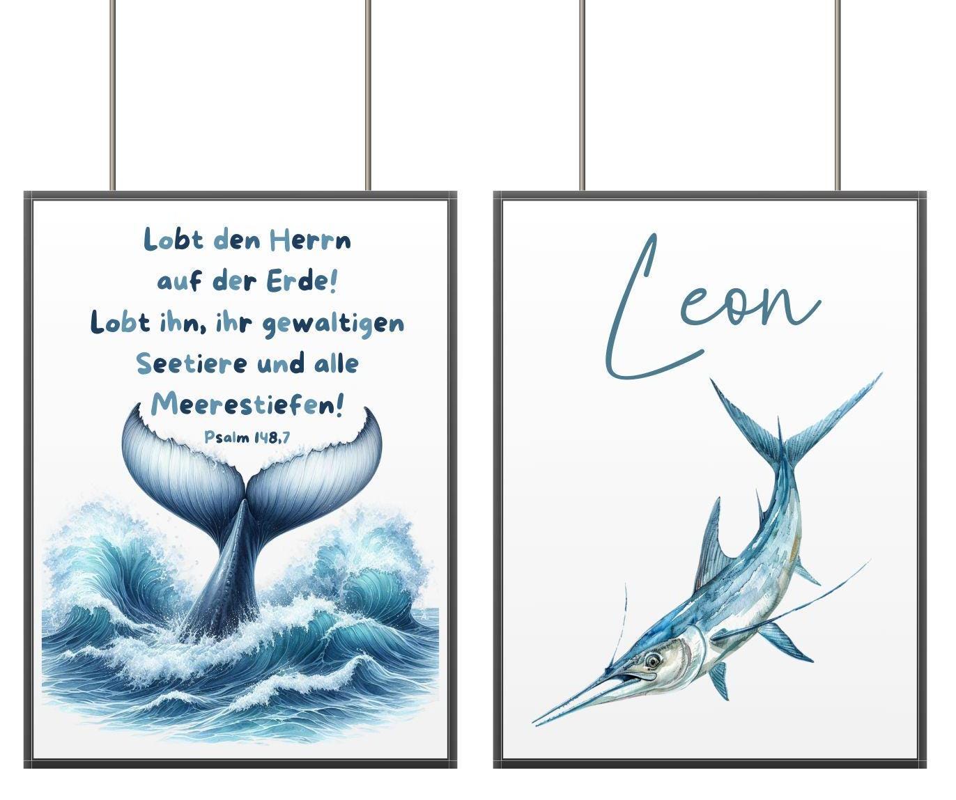 Set 2 Christliche Poster Kinderposter Meerestier, Name+Bibelvers Digitaler Download Bibelvers Psalm 148,7 Kinderzimmer personalisiert