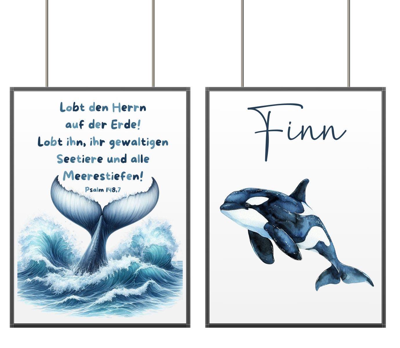 Christliches Poster / Kinderposter – Set: 2 Stück Meerestier + Name + Bibelvers – personalisierbar