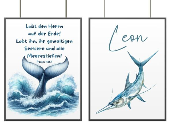 Christliche Kinderposter Bibelvers Poster Name Junge Kinderzimmer Set 2 Poster Meerestier Lobt den Herrn Fisch – Bild 2