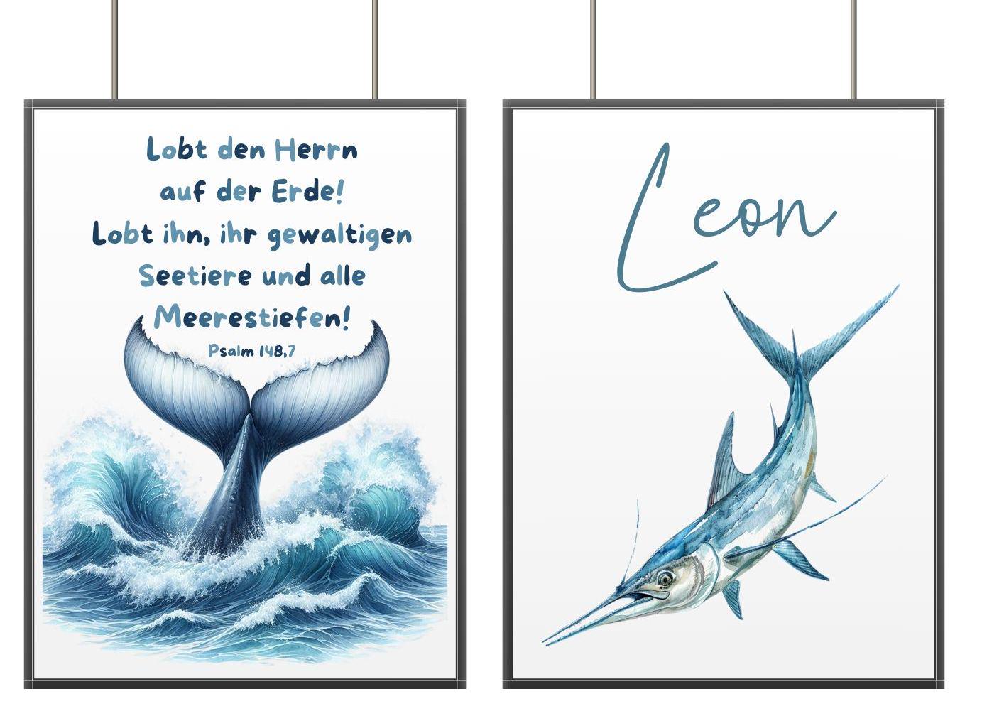 Christliche Kinderposter Bibelvers Poster Name Junge Kinderzimmer Set 2 Poster Meerestier Lobt den Herrn Fisch