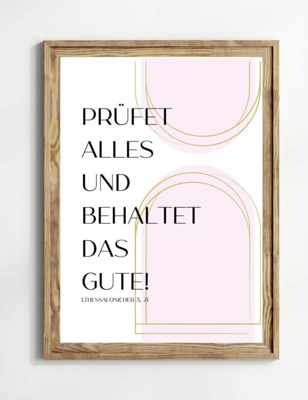 Christliches Posterbild Jahreslosung 2025 Prüfet alles und behaltet das Gute! Rosa Gold – Bild 2