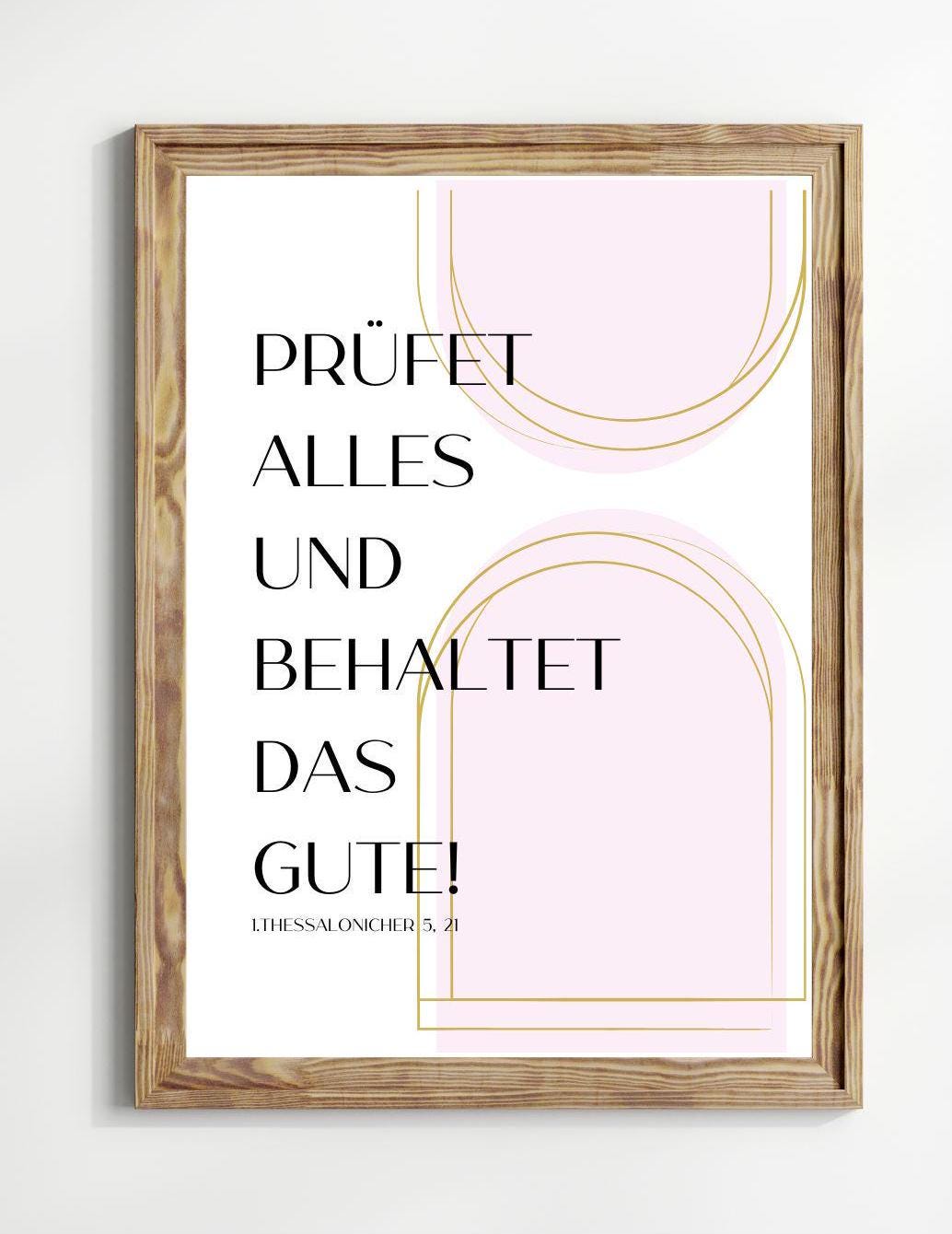 Christliches Posterbild Jahreslosung 2025 Prüfet alles und behaltet das Gute! Rosa Gold