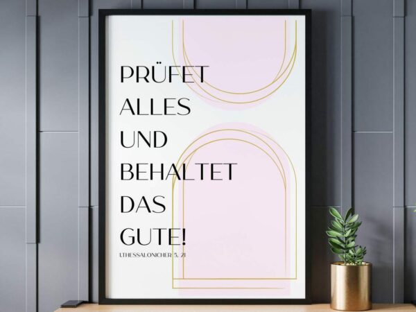 Christliches Posterbild Jahreslosung 2025 Prüfet alles und behaltet das Gute! Rosa Gold – Bild 4
