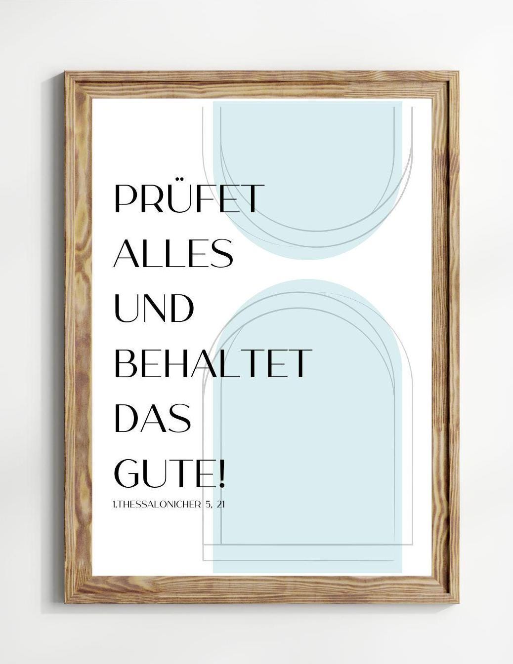 Christliches Posterbild Jahreslosung 2025 Prüfet alles und behaltet das Gute! hellblau