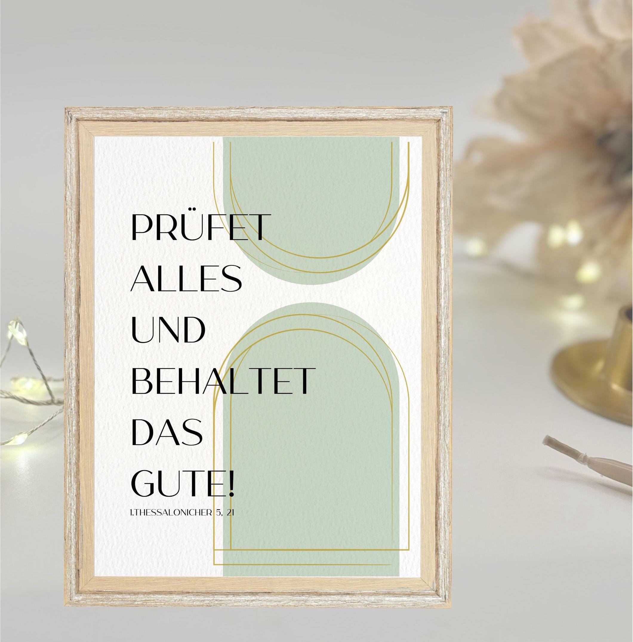 Christliches Posterbild Jahreslosung 2025 Prüfet alles und behaltet das Gute! grün gold