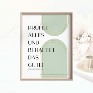 Christliches Posterbild Jahreslosung 2025 Prüfet alles und behaltet das Gute! grün gold