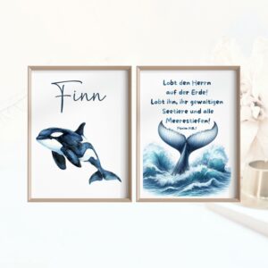 Christliches Poster / Kinderposter - Set: 2 Stück Meerestier + Name + Bibelvers - personalisierbar