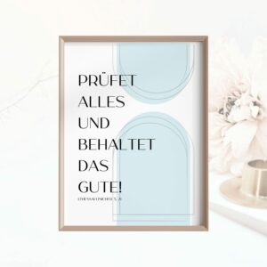 Christliches Posterbild Jahreslosung 2025 Prüfet alles und behaltet das Gute! hellblau