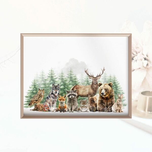 2 Poster / Kinderposter mit Waldtieren vor dem Wald