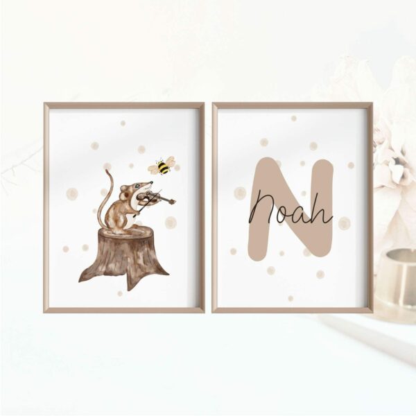 Kinderposter Set 2 Poster Maus mit Geige + personalisiertes Poster mit Wunschname