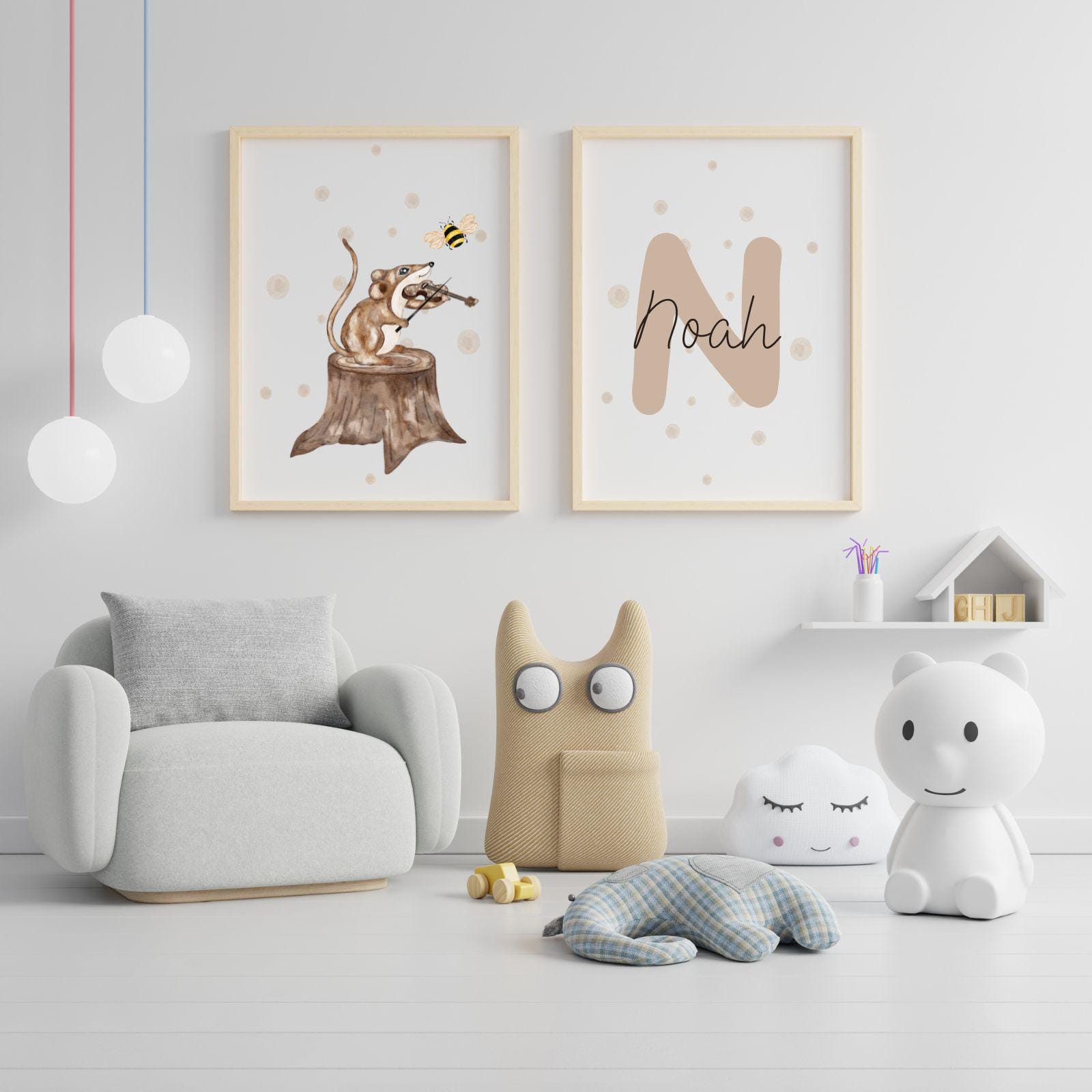 Poster Kinderposter Junge Mädchen 2er Set Maus mit Geige+ Buchstaben und Name Digitaler Download  Kinderzimmer Wanddeko personalisiert
