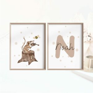 Poster Kinderposter Junge Mädchen 2er Set Maus mit Geige+ Buchstaben und Name Digitaler Download  Kinderzimmer Wanddeko personalisiert