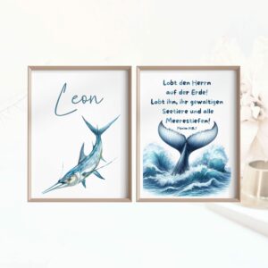 Set 2 Christliche Poster Kinderposter Meerestier, Name+Bibelvers Digitaler Download Bibelvers Psalm 148,7 Kinderzimmer personalisiert