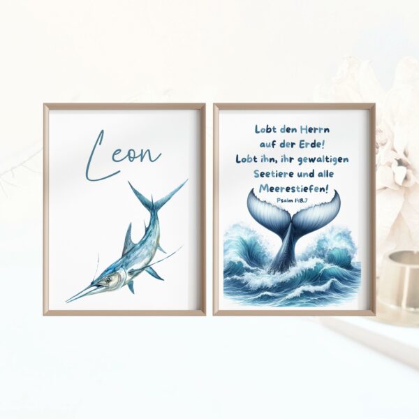 Christliche Kinderposter Bibelvers Poster Name Junge Kinderzimmer Set 2 Poster Meerestier Lobt den Herrn Fisch