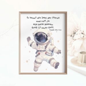 Christliches Kinderposter Wandbild Astronaut Bibelvers Psalm 147,4-5 Kinderzimmer