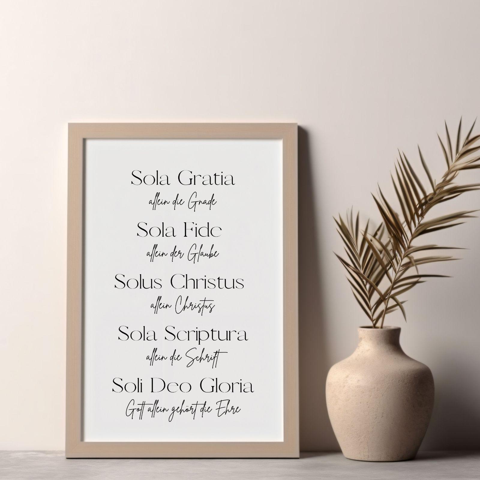 Christliches Posterbild 5 Solas Sola fide, Sola Gratia, sola fide, solus Christus, sola Scriptura, soli deo gloria