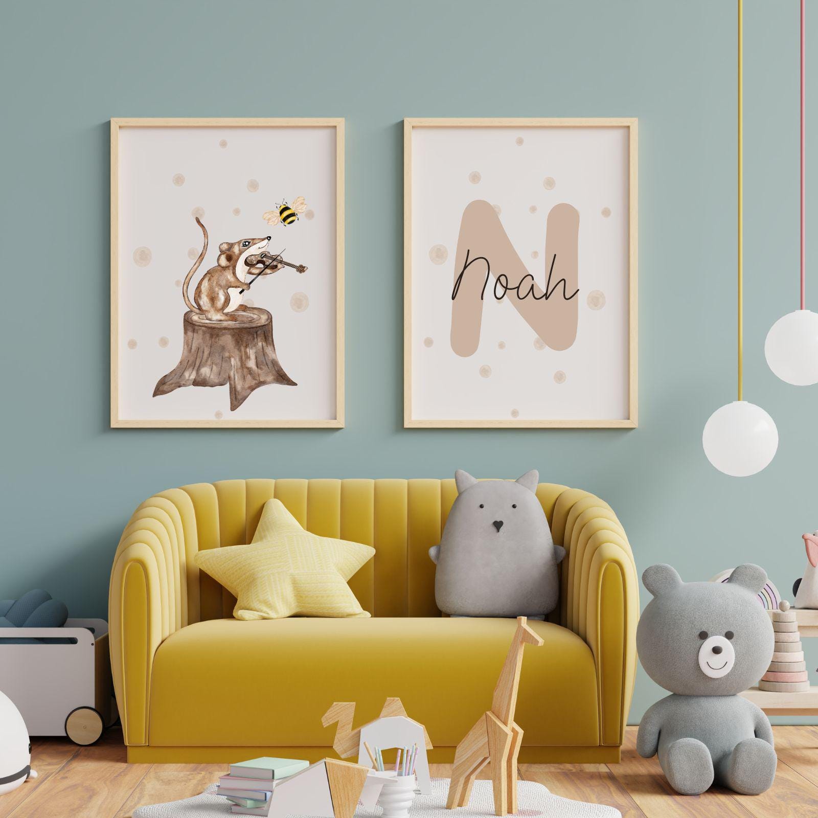 Kinderposter Set 2 Poster Maus mit Geige + personalisiertes Poster mit Wunschname