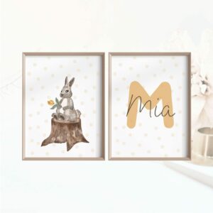 Kinderposter Mädchen Junge Set 2 Poster Hase + personalisiertes Poster mit Name Geschenk Geburt Poster