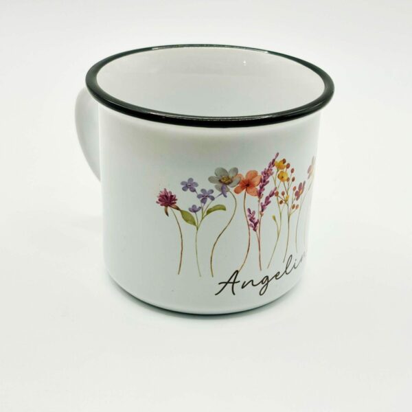 Emaillelook Tasse mit schwarzem Rand Blumen Name Motiv Keramiktasse Geschenk Kaffee Tee Emaille Tasse personalisiert Emailleoptik – Bild 4