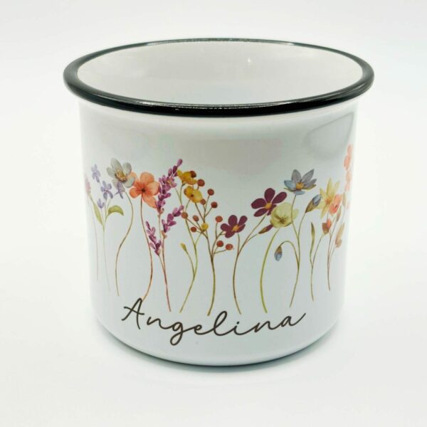 Emaillelook Tasse mit schwarzem Rand Blumen Name Motiv Keramiktasse Geschenk Kaffee Tee Emaille Tasse personalisiert Emailleoptik – Bild 2