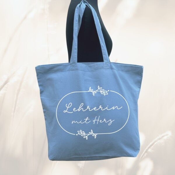 Stofftasche Baumwolltasche Geschenk Lehrerin mit Herz Einkaufstasche blau – Bild 4