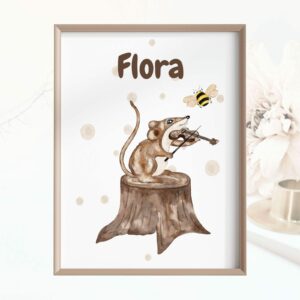 Posterbild Kinderposter Kinderzimmer Maus mit Geige Personalisiert Name