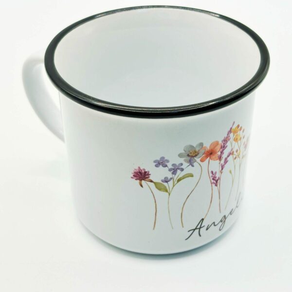 Emaillelook Tasse mit schwarzem Rand Blumen Name Motiv Keramiktasse Geschenk Kaffee Tee Emaille Tasse personalisiert Emailleoptik – Bild 5