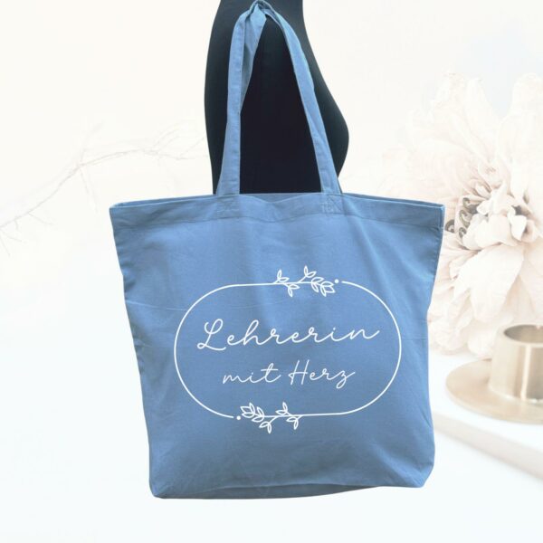 Stofftasche Baumwolltasche Geschenk Lehrerin mit Herz Einkaufstasche blau