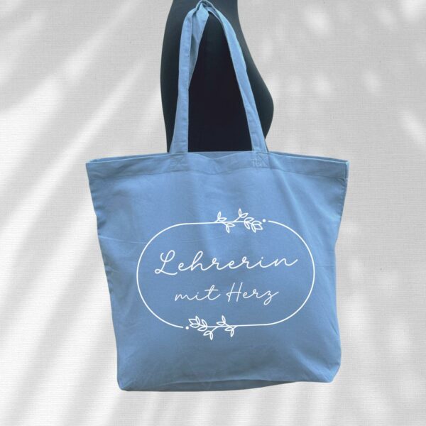 Stofftasche Baumwolltasche Geschenk Lehrerin mit Herz Einkaufstasche blau – Bild 3