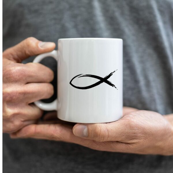 Weiße Tasse ICHTYS christliches Motiv Keramiktasse Geschenk Kaffee Tee Tasse christlich – Bild 2