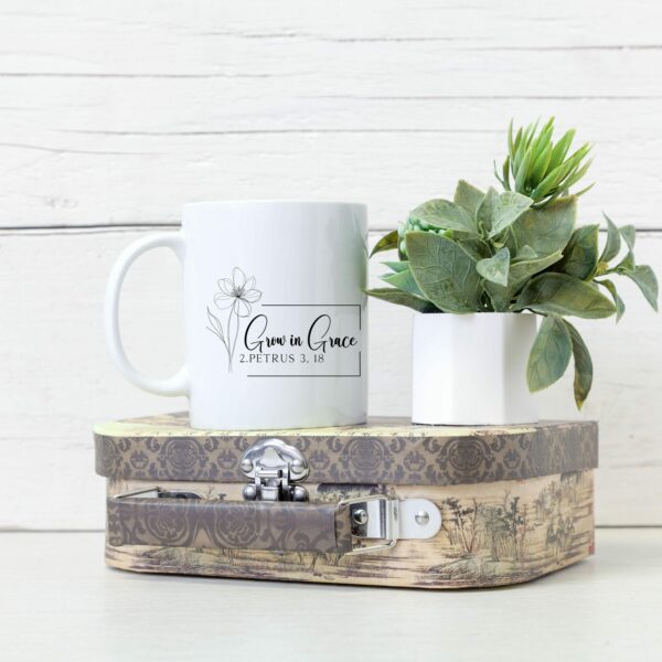 Weiße Tasse grow in grace christliches Motiv Keramiktasse Geschenk Kaffee Tee Tasse christlich – Bild 4