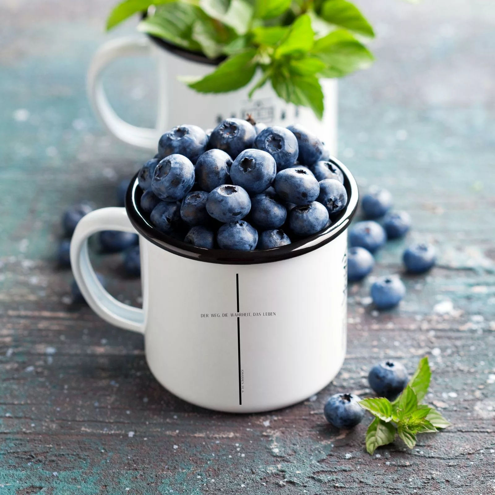 Keramiktasse in Emailleoptik – Jesus: Der Weg die Wahrheit das Leben mit Kreuz