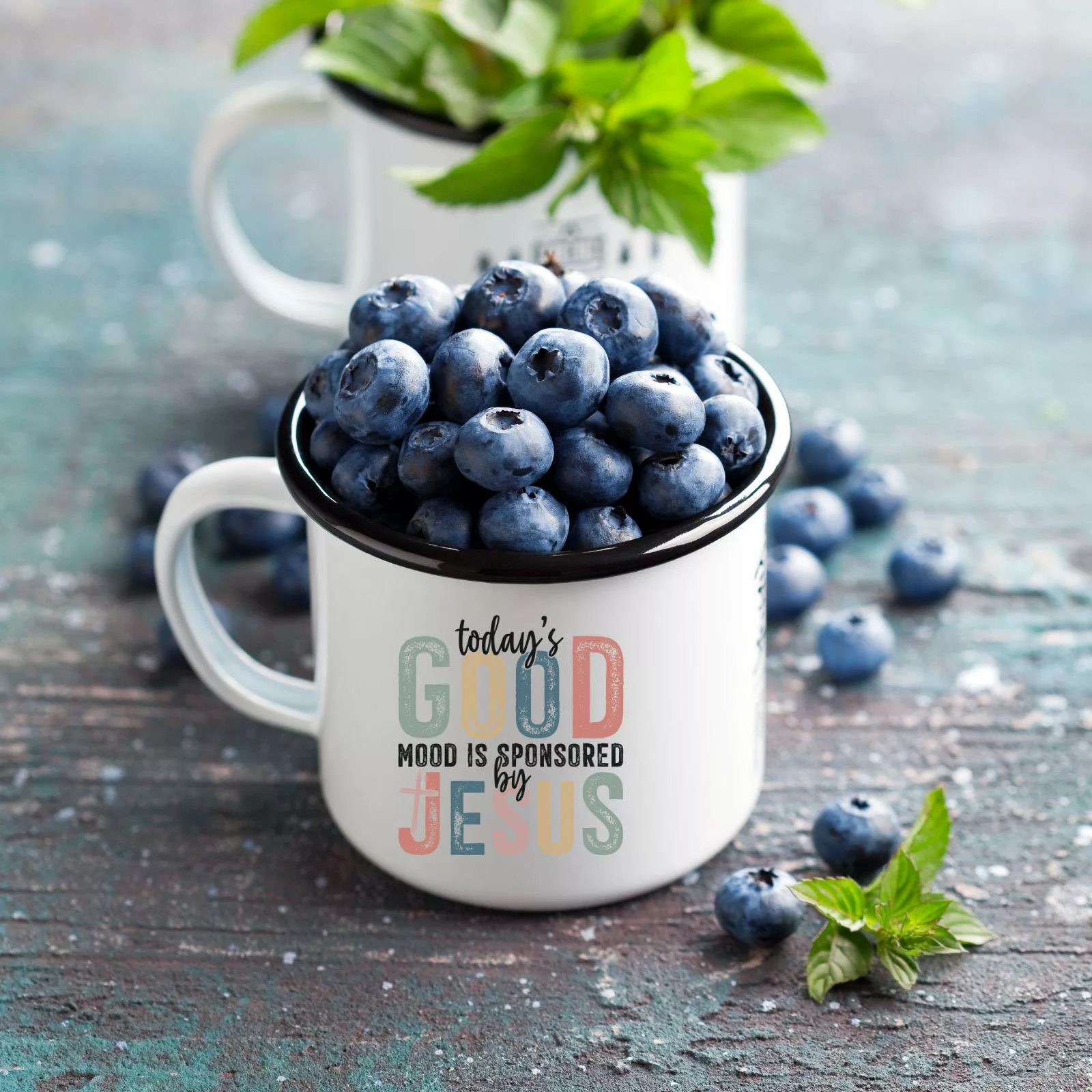 Keramiktasse in Emailleoptik – Todays Good Mood is sponsored by Jesus christliches Motiv Geschenk Kaffee Tee Tasse christlich