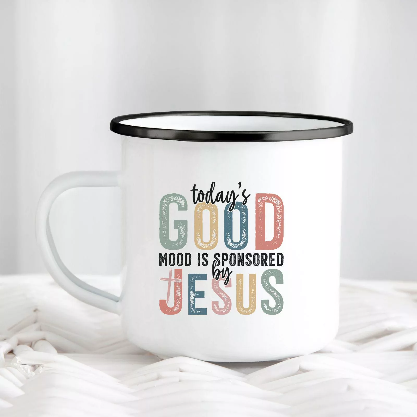 Keramiktasse in Emailleoptik - Todays Good Mood is sponsored by Jesus christliches Motiv Geschenk Kaffee Tee Tasse christlich – Bild 4