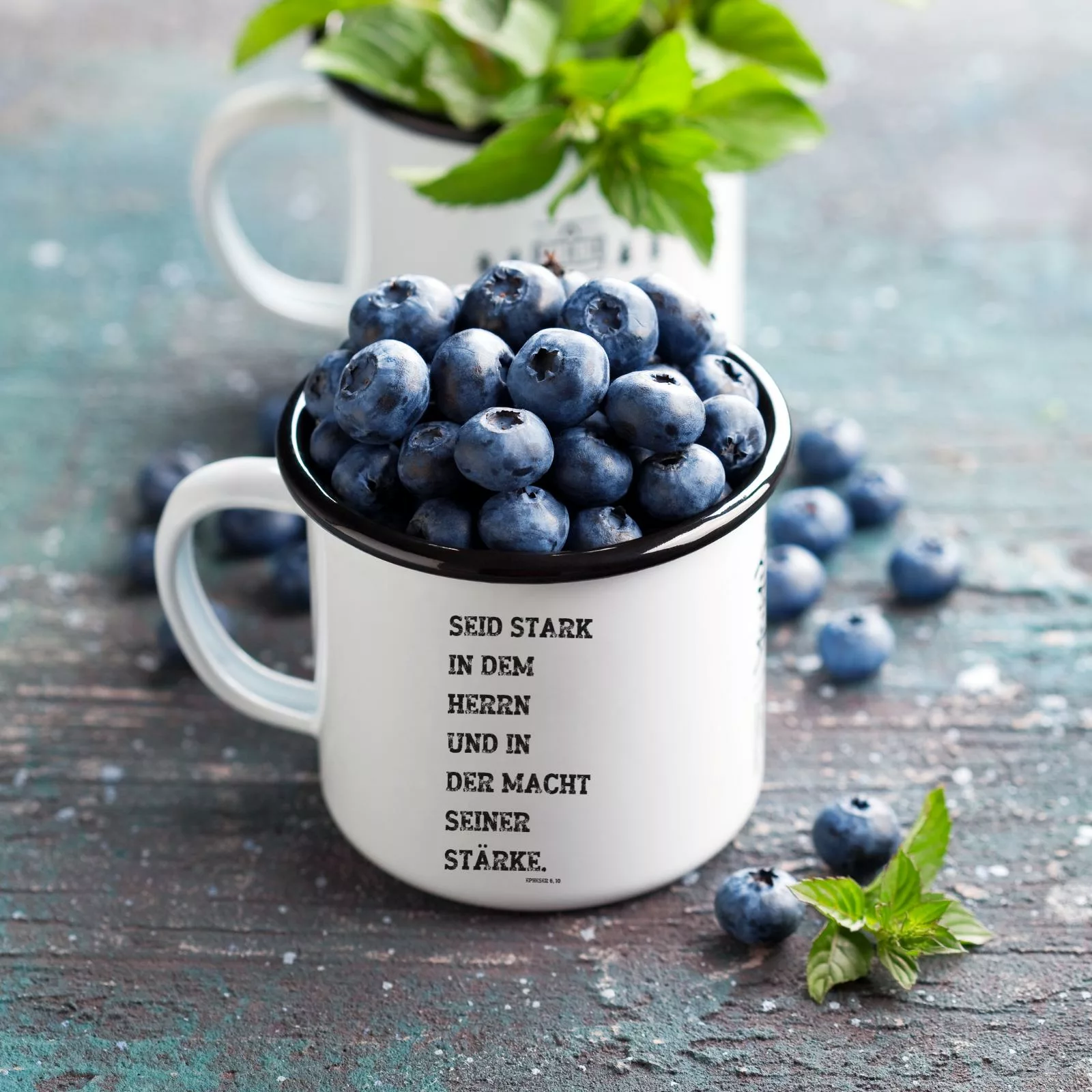 Keramiktasse in Emailleoptik – Jesus: Der Weg die Wahrheit das Leben mit Kreuz