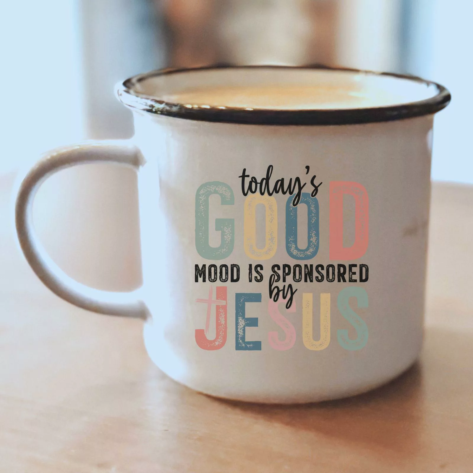 Keramiktasse in Emailleoptik - Todays Good Mood is sponsored by Jesus christliches Motiv Geschenk Kaffee Tee Tasse christlich – Bild 3