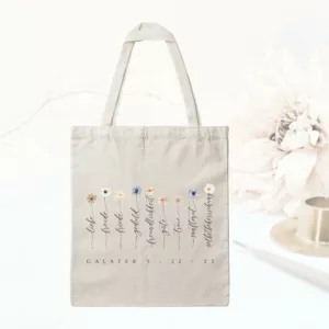 Bedruckte Baumwolltasche I Liebe I Freude I Friede I Geduld I Freundlichkeit I Güte I Treue I Sanftmut I Selbstbeherrschung I mit Blumen