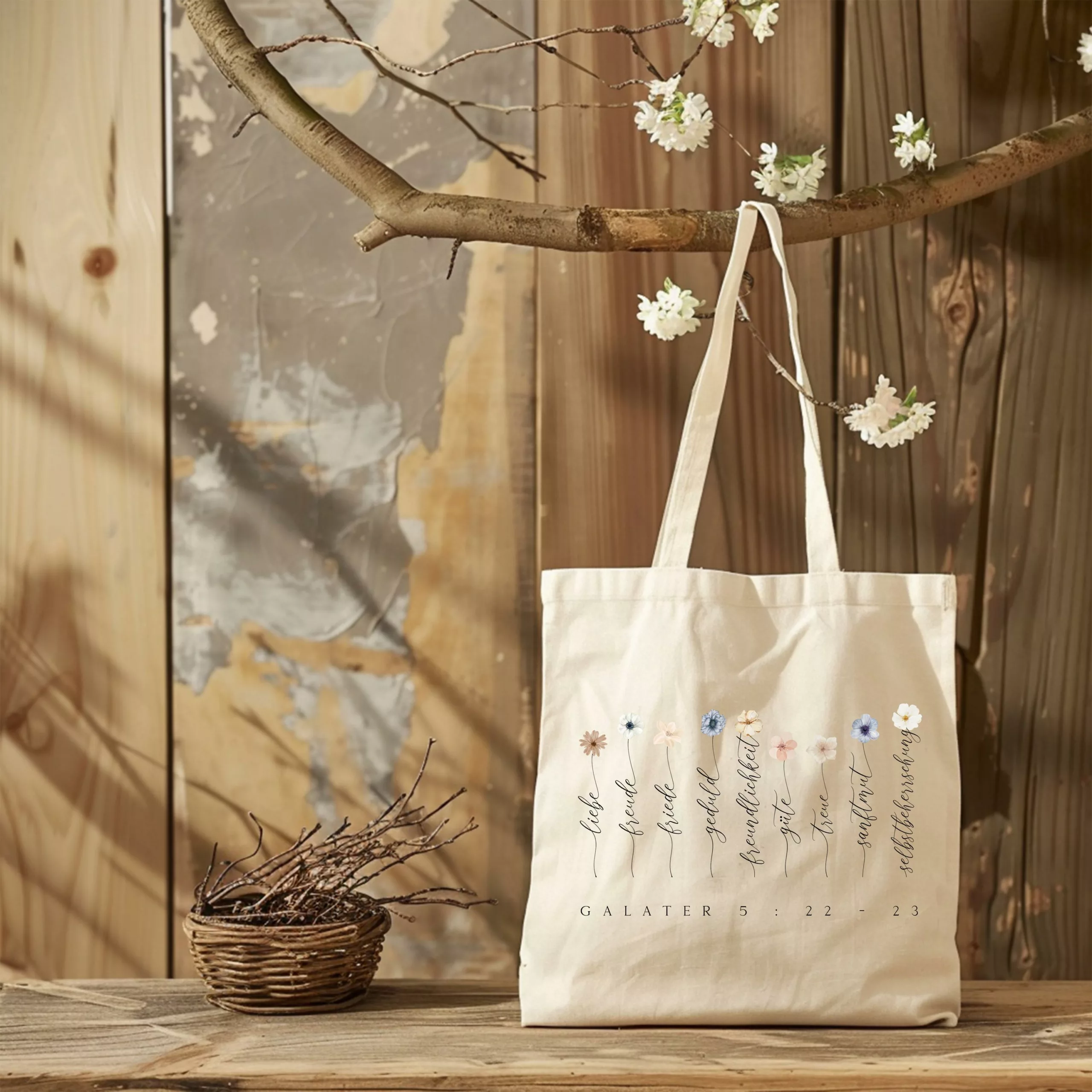 Bedruckte Baumwolltasche I Liebe I Freude I Friede I Geduld I Freundlichkeit I Güte I Treue I Sanftmut I Selbstbeherrschung I mit Blumen – Bild 5