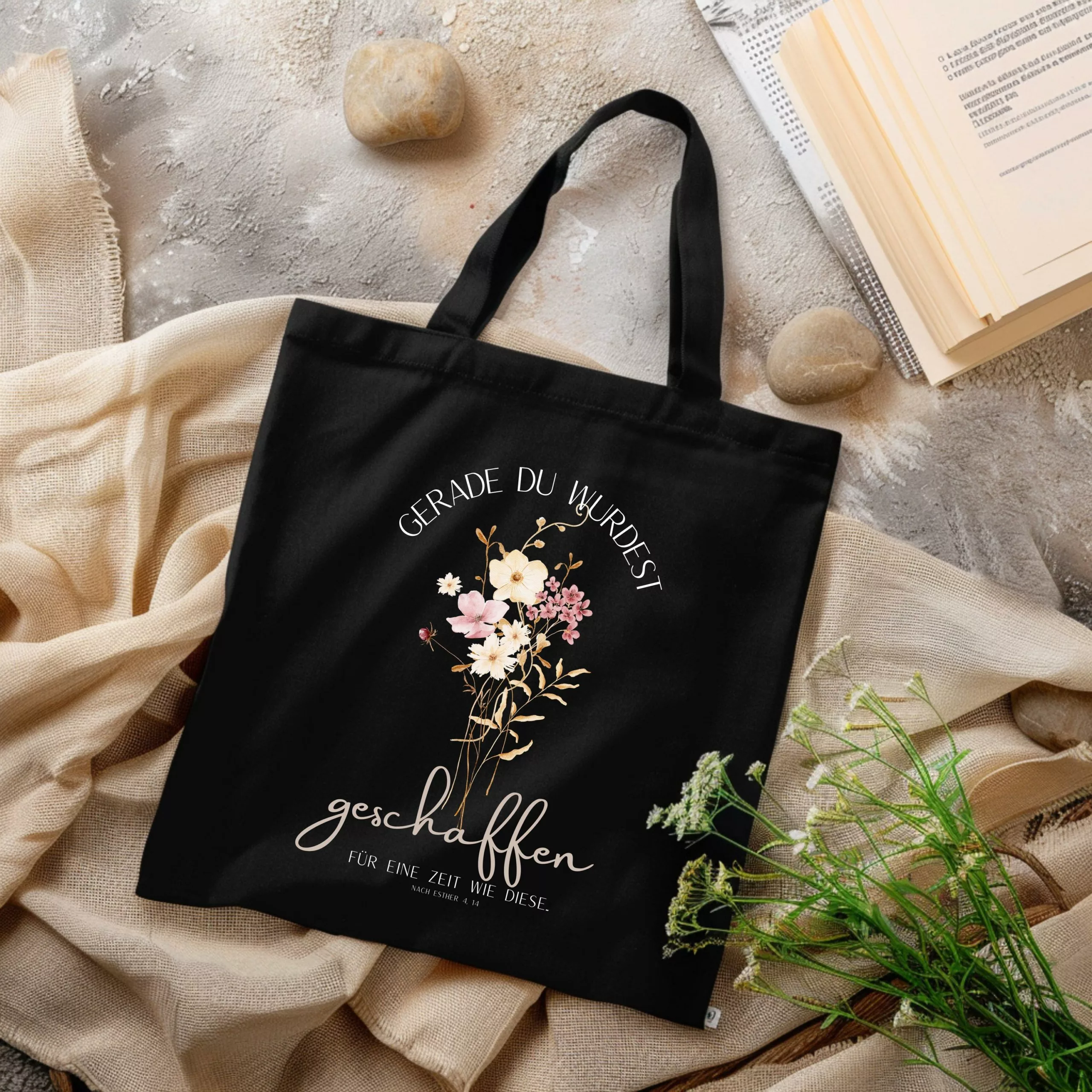 Bedruckte Baumwolltasche I christlicher Vers I Einkaufstasche I Gerade du wurdest geschaffen f?r eine Zeit wie diese. Nach Esther 4,14 – Bild 6
