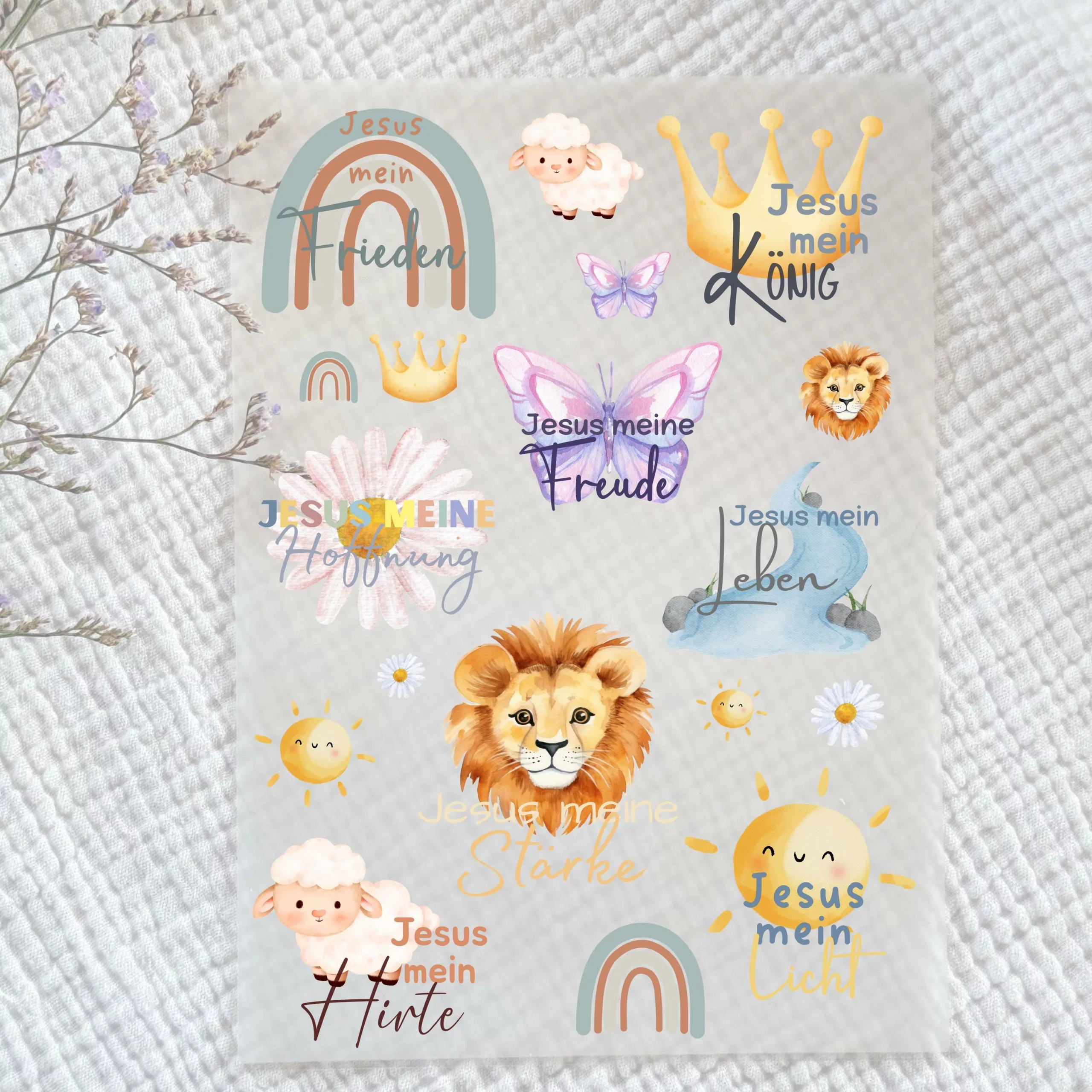Rub-on Aufkleber I Randlose Sticker I A5 Bogen I christlich I UV DTF Stickern I Spiegelaufkleber I Porzellanaufkleber I Kinder I Gott