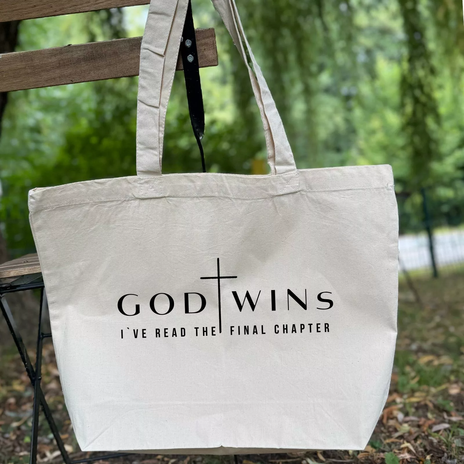 Große bedruckte Baumwolltasche I christliche Botschaft I Einkaufstasche I God wins, I ve read the last chapter | Geschenk