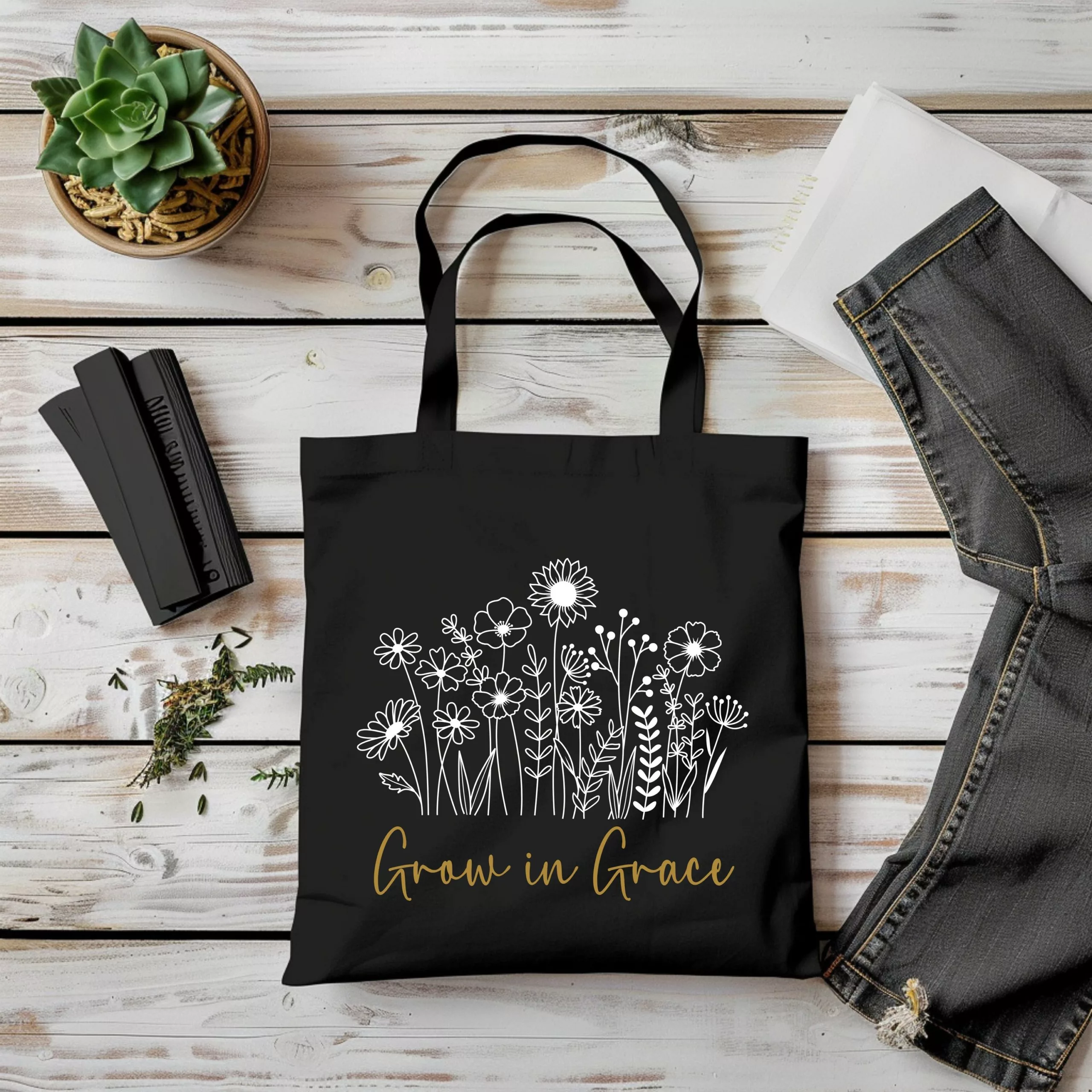 Bedruckte Baumwolltasche I christlicher Vers I Einkaufstasche I Grow von Grace I Wachsen in der Gnade – Bild 3