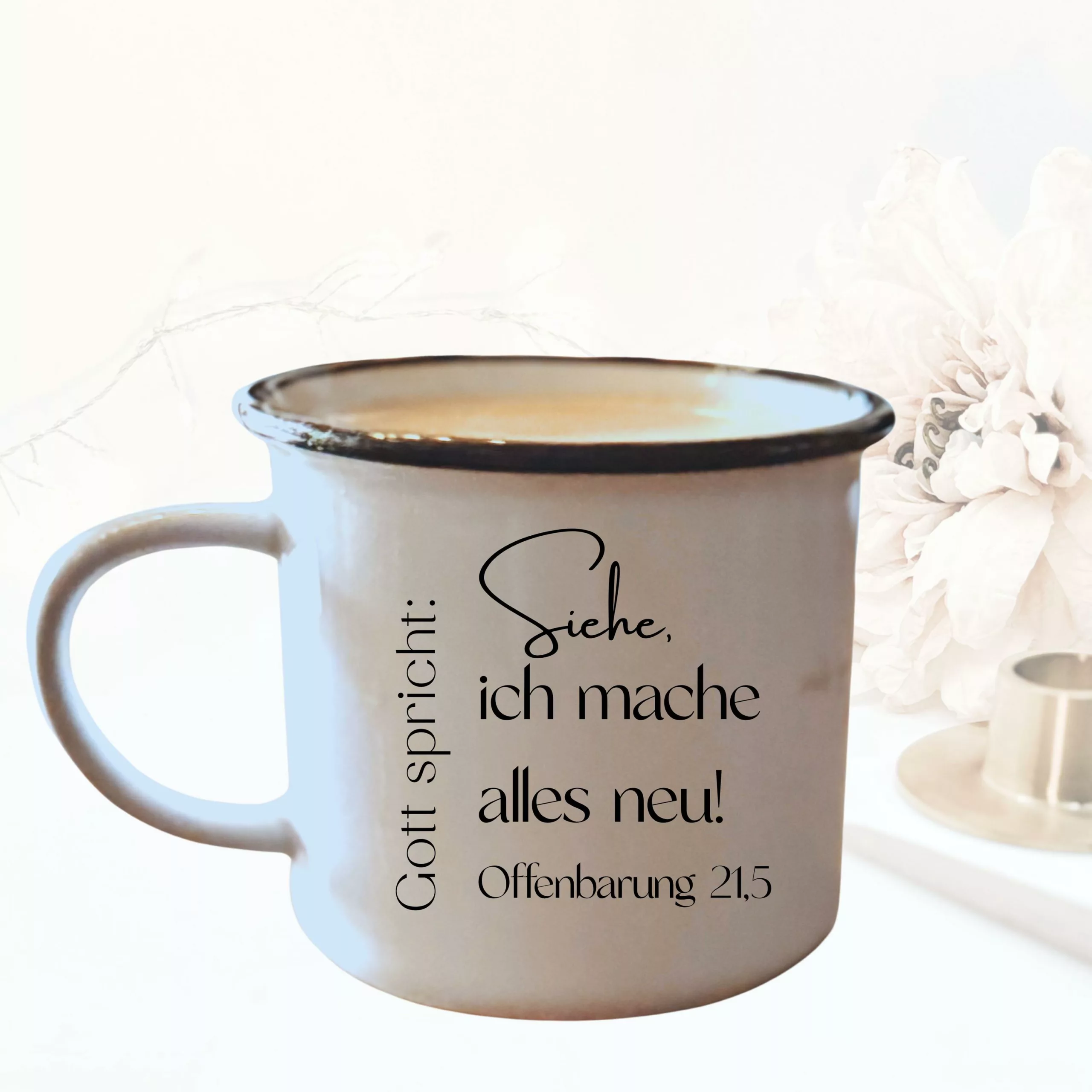 Keramiktasse in Emailleoptik - Jahreslosung 2026 I Gott spricht: Siehe, ich mache alles neu. Offenbarung 21,5