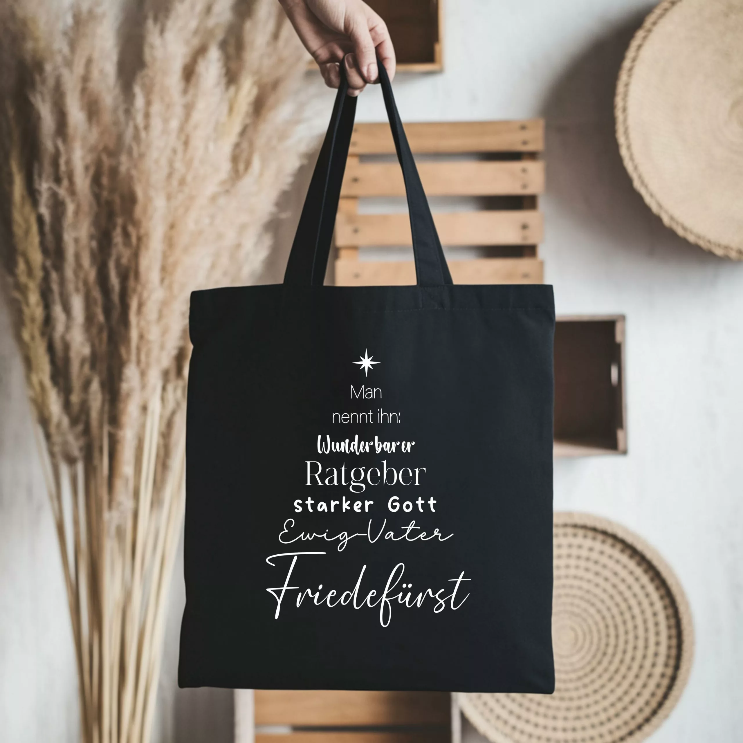 Bedruckte Baumwolltasche schwarz – christliche Botschaft I Man nennt ihn Wunderbarer I Ratgeber I starker Gott I Ewig Vater I Friedefürst