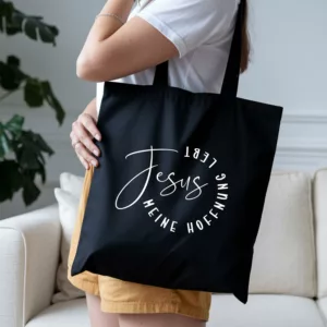 Bedruckte Baumwolltasche schwarz - christliche Botschaft I Jesus meine Hoffnung lebt