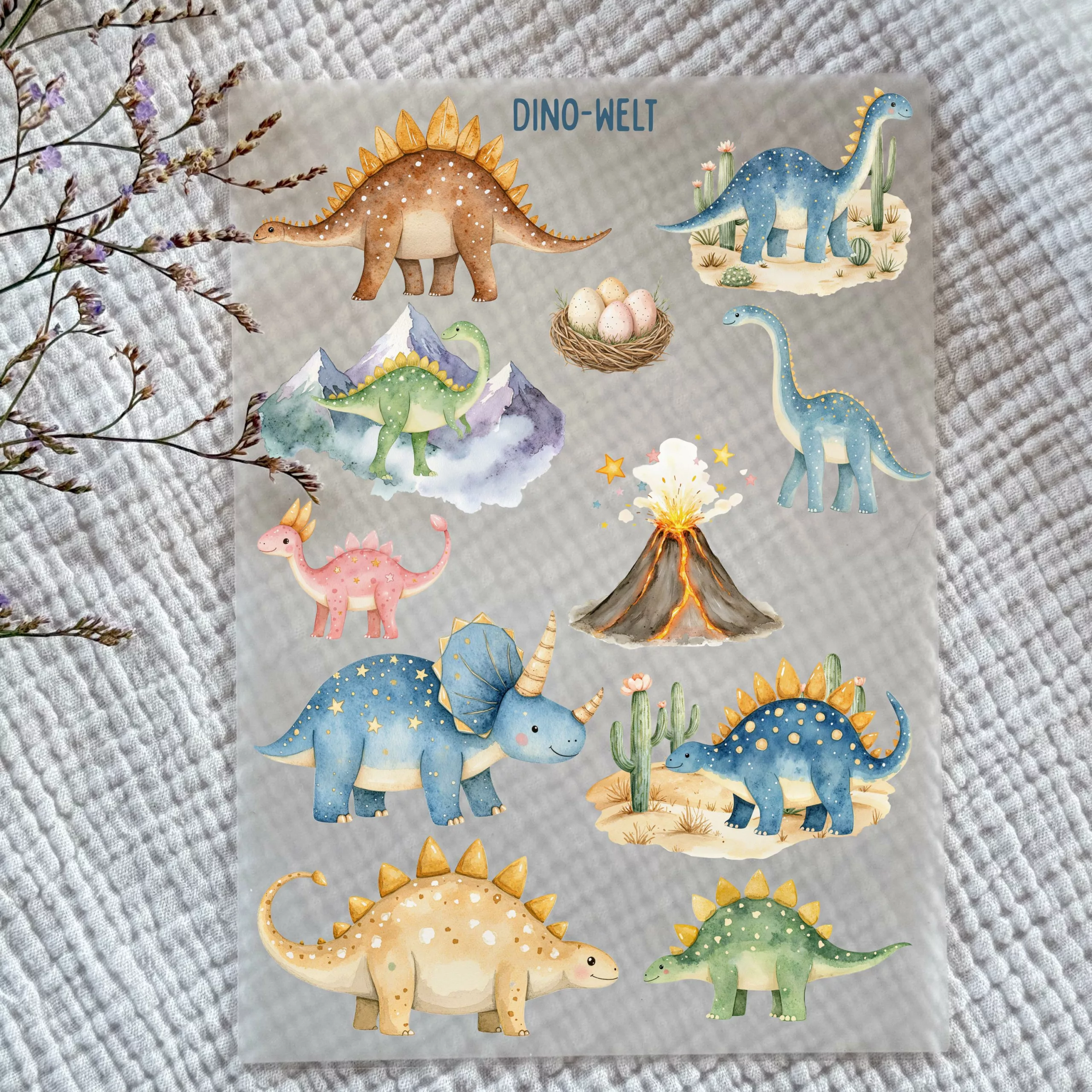 Rub-on Aufkleber I Randlose Sticker I A5 Bogen I UV DTF Sticker I Kindermotive I Dino I Dinosaurier